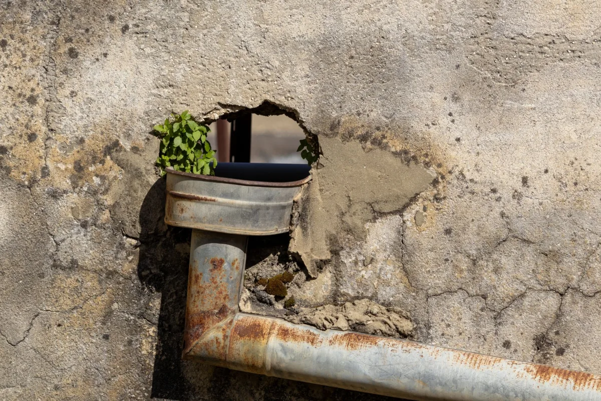 Close-up of a cracked concrete septic component being inspected