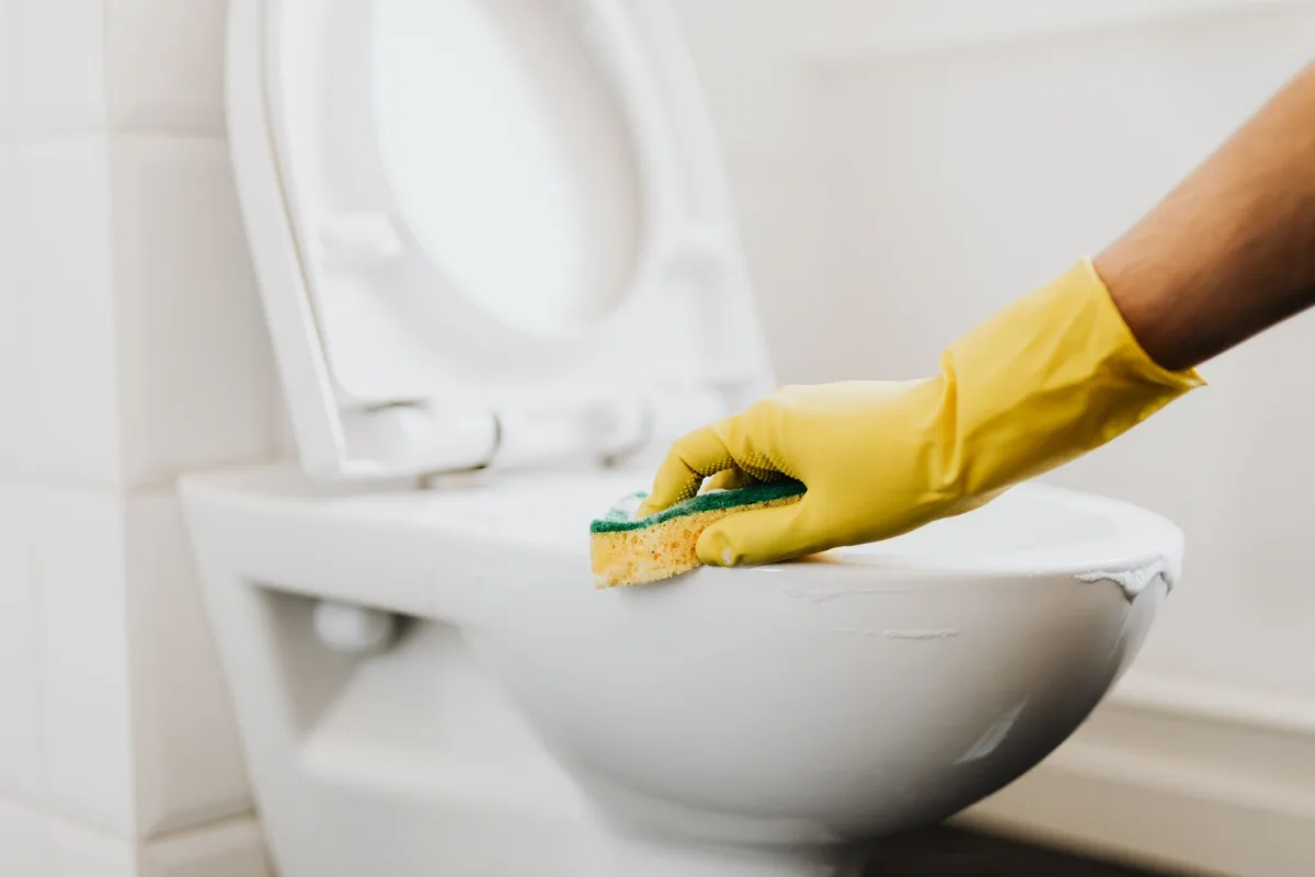 Homeowner using a plunger on a toilet to clear a local drain clog