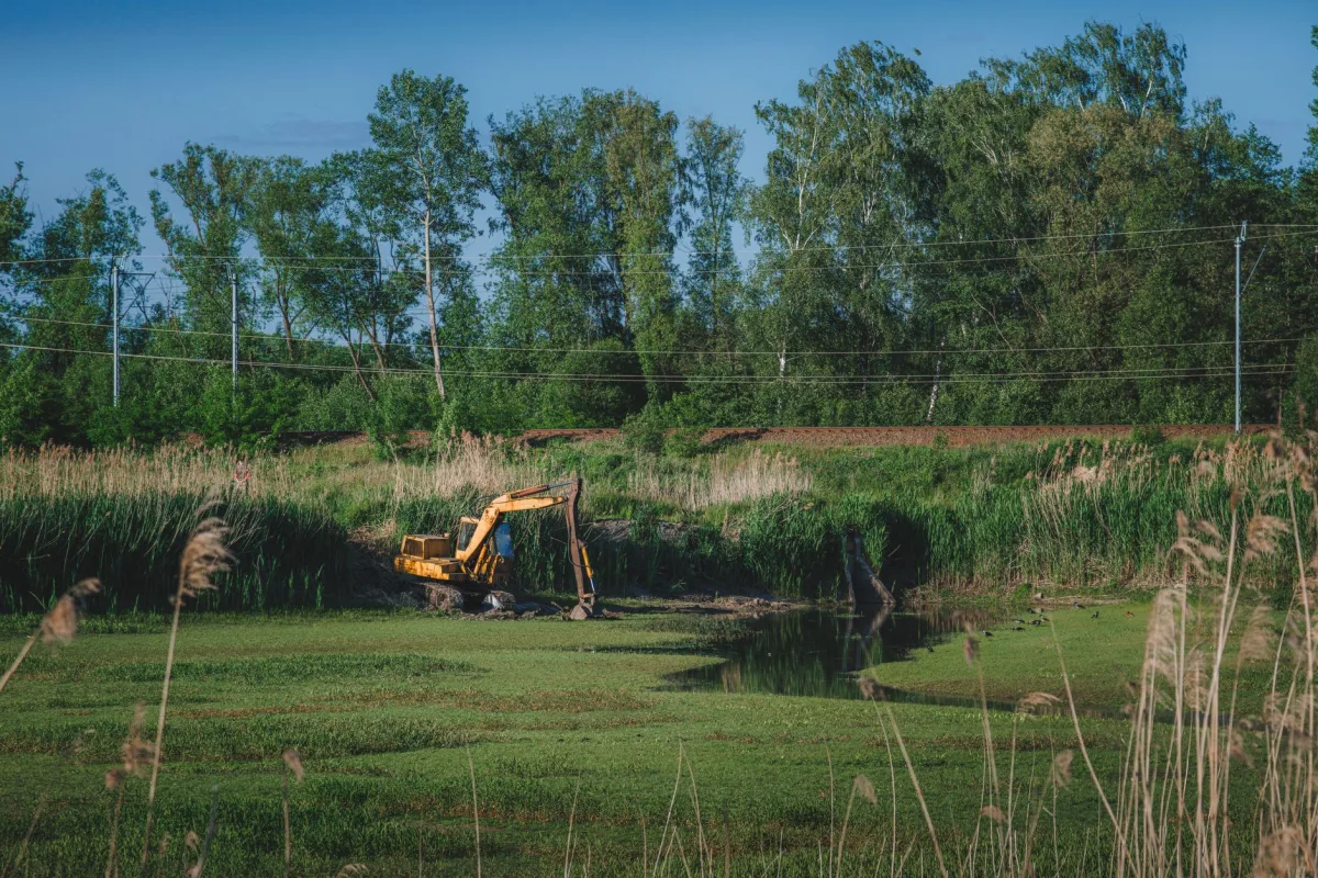 Excavator digging a trench for a septic drain field replacement