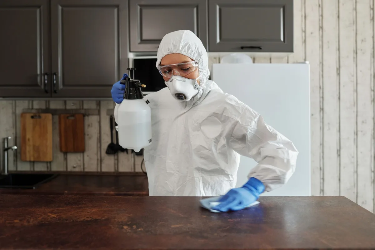 Person wiping a kitchen counter with a plant-based spray cleaner that is safe for septic systems