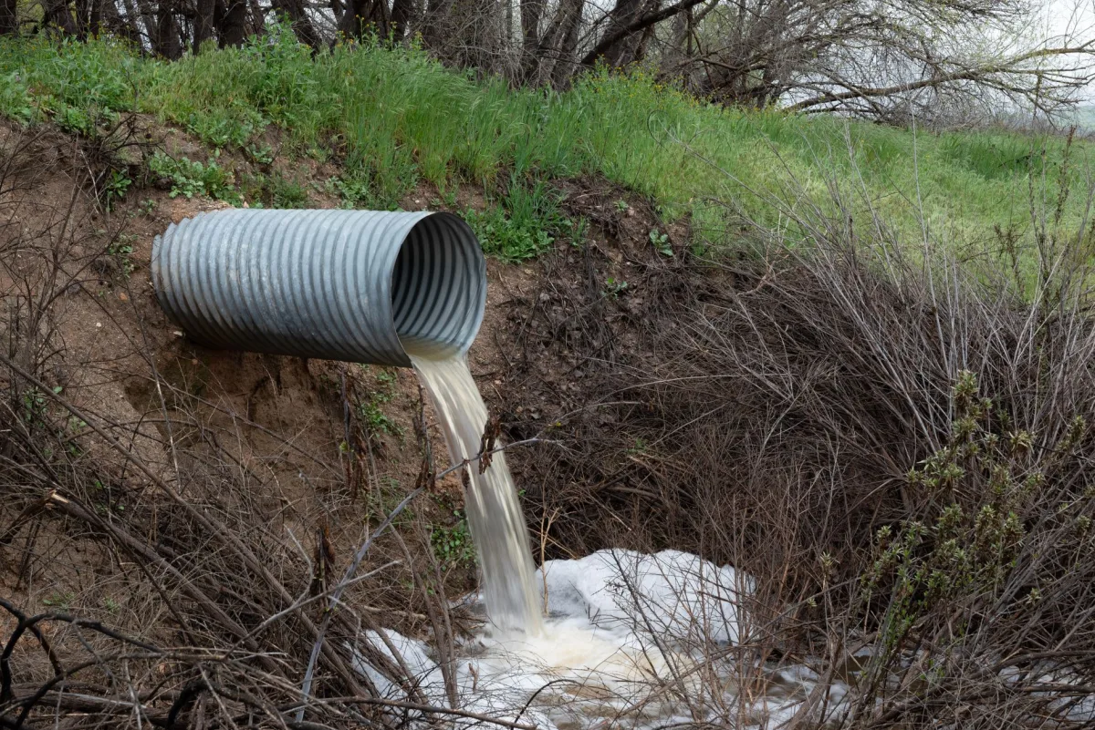 Perforated drain field pipes laid in gravel trenches before backfilling