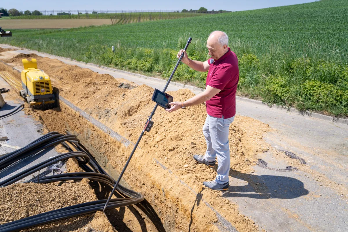 Gravel-filled septic drain field trenches where effluent soaks into the soil
